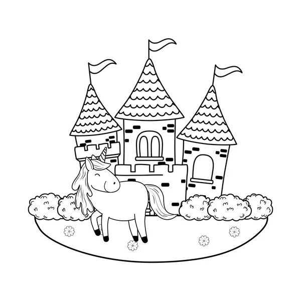 Lindo unicornio de cuento de hadas con castillo en el paisaje — Vector de stock