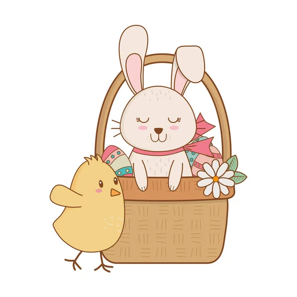 Petit lapin et poussin dans le panier caractères de Pâques — Image vectorielle