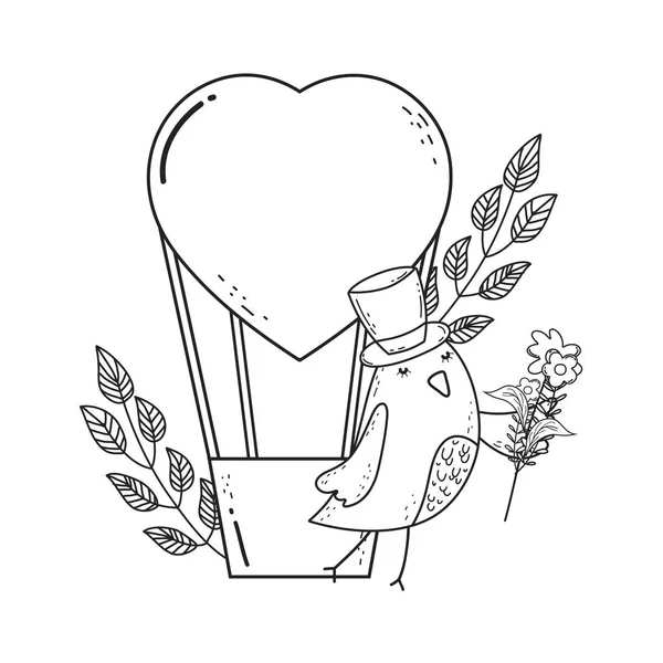 Mignon petit oiseau avec ballon air chaud — Image vectorielle