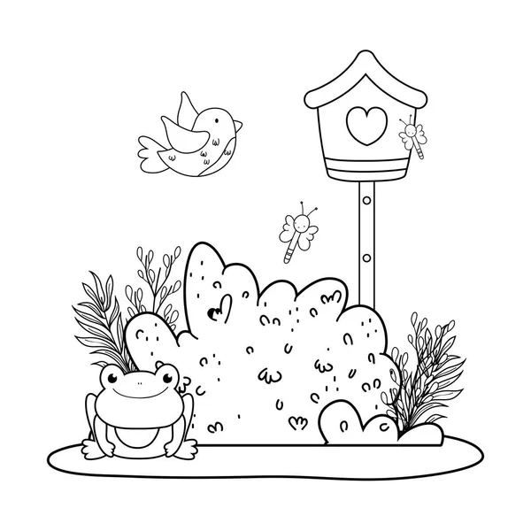 Sapo bonito na paisagem com birdhouse — Vetor de Stock