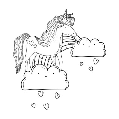 bulutlar ve gökkuşağı güzel küçük Unicorn