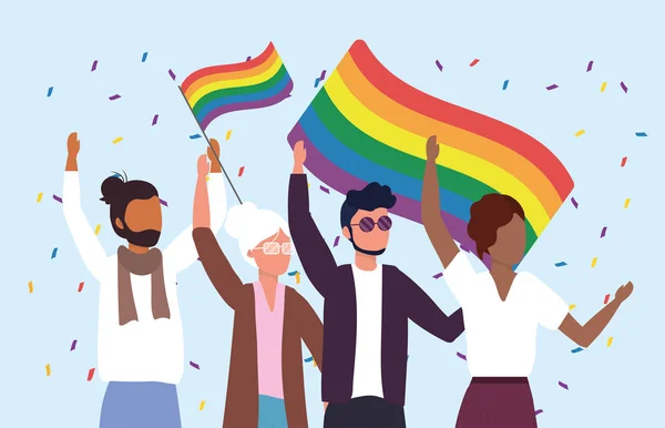 Comunità di uomini e donne con bandiere arcobaleno per sfilare — Vettoriale Stock