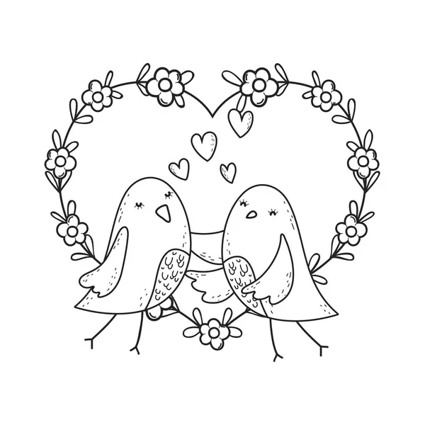 Cute little birds couple with flowers lovely characters — Stock Vector