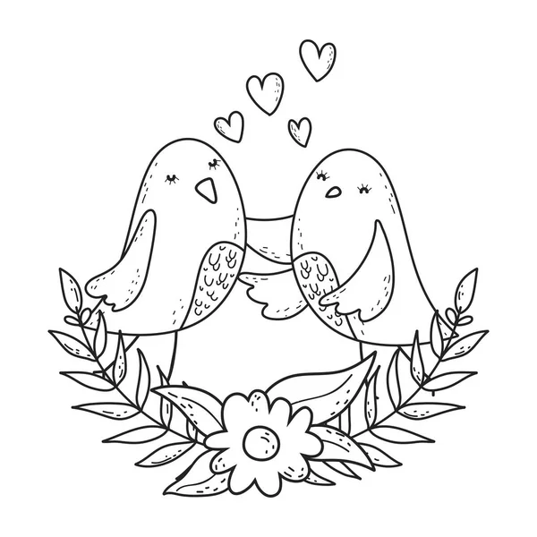 Cute little birds couple with flowers lovely characters — Stock Vector