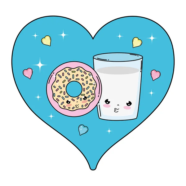 Milchglas mit Donut und Herz-Kawaii — Stockvektor