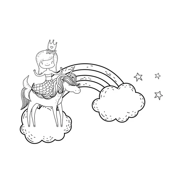 Русалка с единорогом и радугой в облаках — стоковый вектор