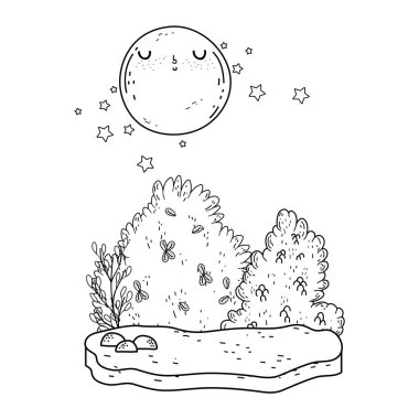 güzel manzara gece ay kawaii karakteri ile