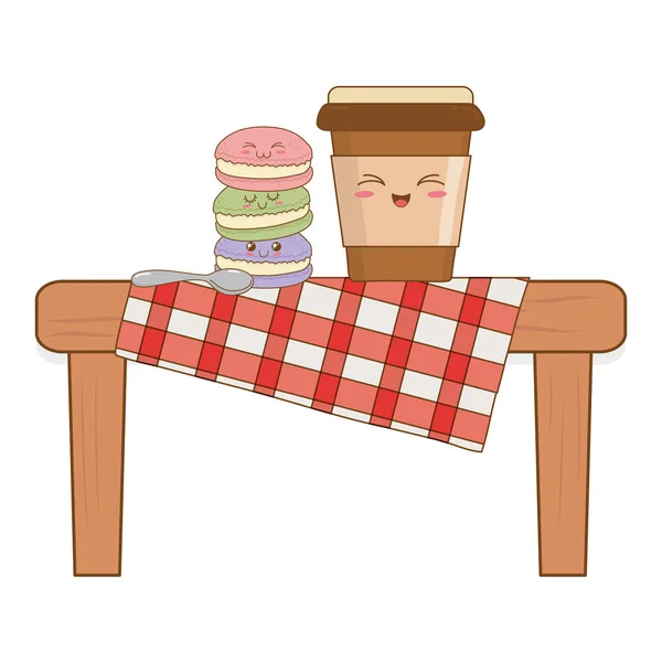 Conjunto de comida de panadería kawaii en mesa de picnic — Archivo Imágenes Vectoriales