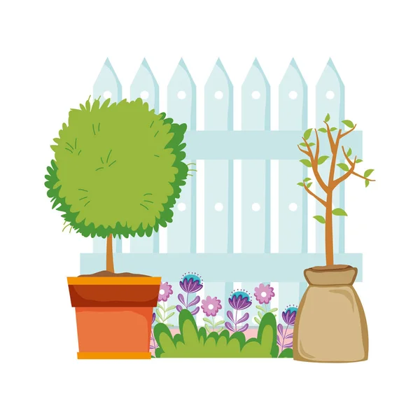 Roślinny dom z ogrodzeniem w ogrodzie — Wektor stockowy