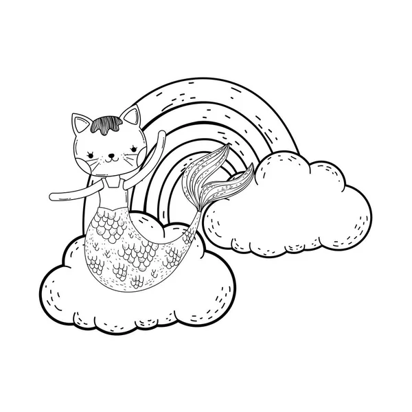 Cute purrmaid with clouds and rainbow — Stock Vector