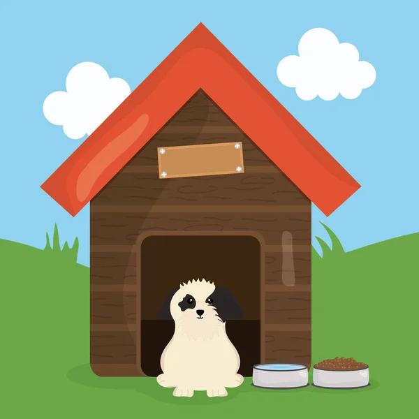 Schattige kleine hond in houten huis huisdier karakter — Stockvector