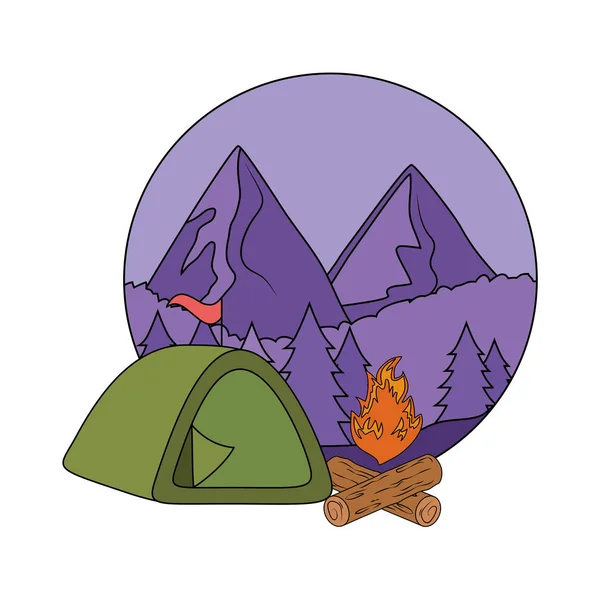 松の木の森の焚き火とテントのシーン — ストックベクタ