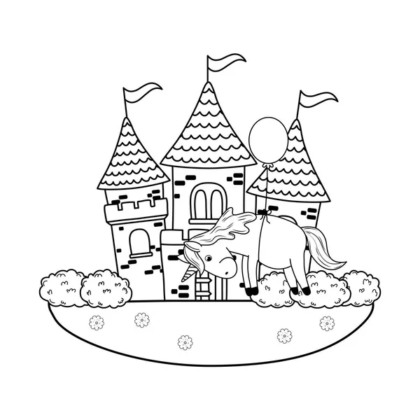 Lindo unicornio de cuento de hadas con castillo en el paisaje — Vector de stock