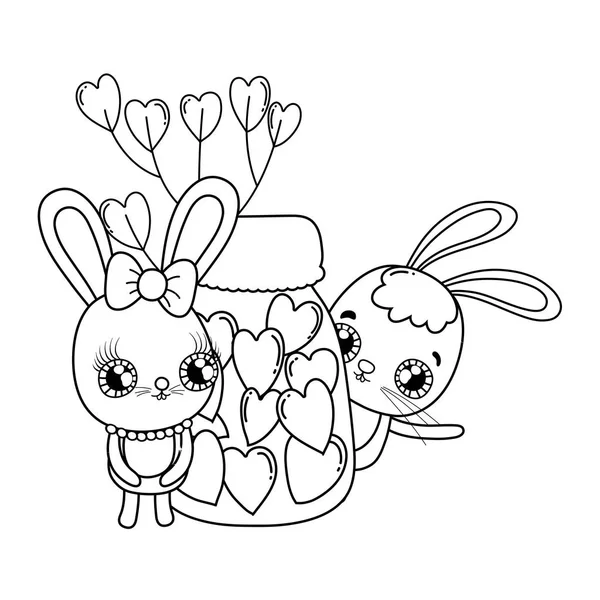 Милые кролики пара с Мэйсон банка валентинки день — стоковый вектор
