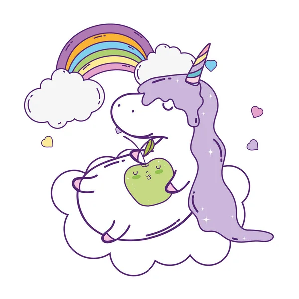 Niedliches Einhorn mit Wolken und Regenbogen-Kawaii — Stockvektor