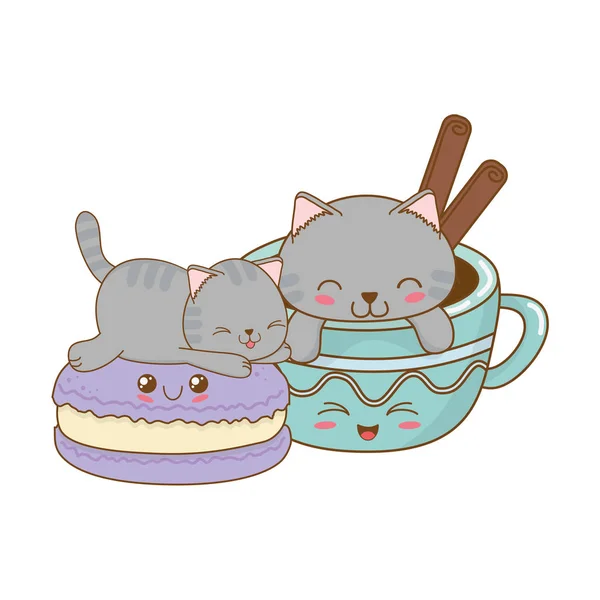 Gatinhos bonitos com caneca de chocolate personagens kawaii — Vetor de Stock