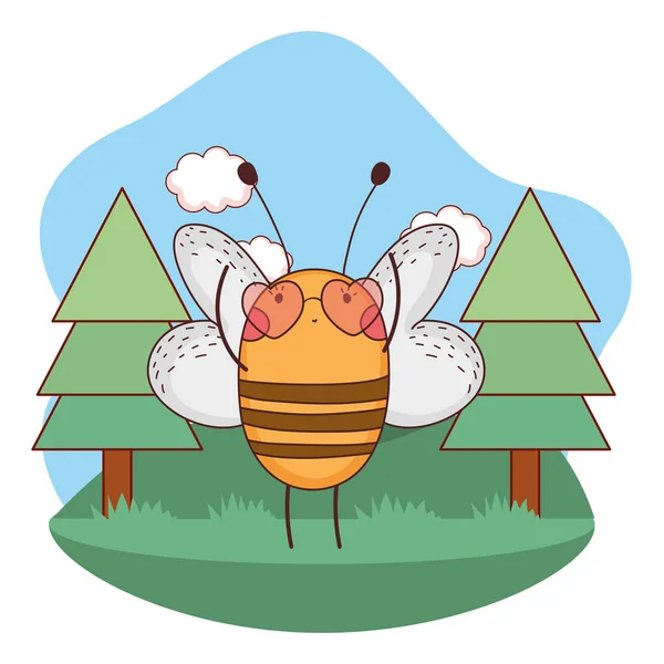 Schattige kleine Bee met hart zonnebril in het kamp — Stockvector
