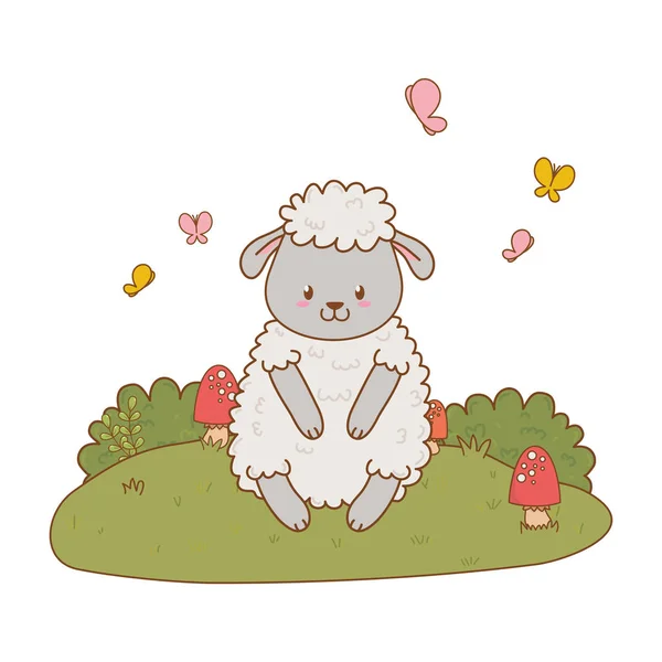 Cute sheep in the field woodland character — Stock Vector
