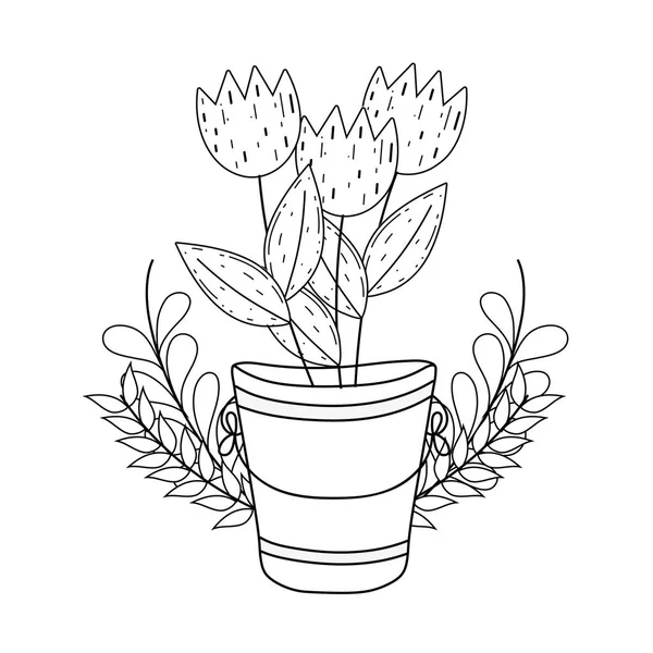 Kovový kbelík s květinami zahrádkou — Stockový vektor