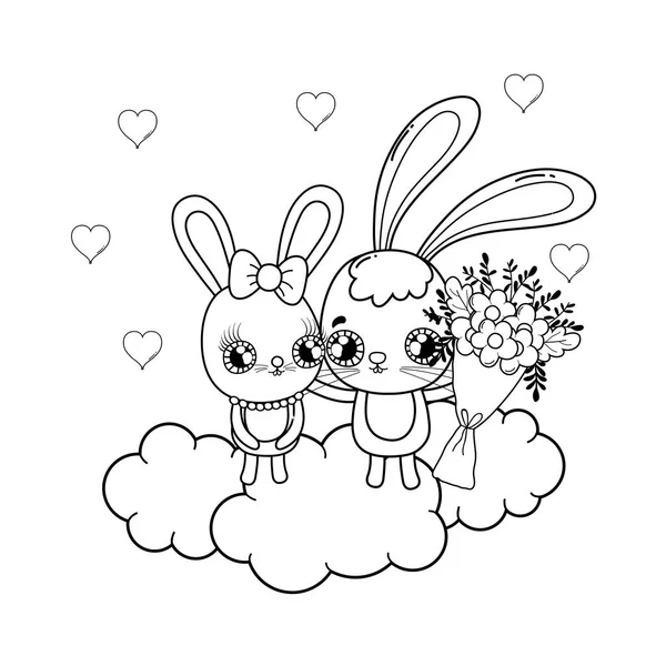 Bonito coelhos casal com flores dia dos namorados —  Vetores de Stock