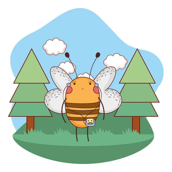 캠프에서 워크맨과 귀여운 작은 꿀벌 — 스톡 벡터