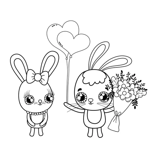 Carino conigli coppia con fiori San Valentino — Vettoriale Stock
