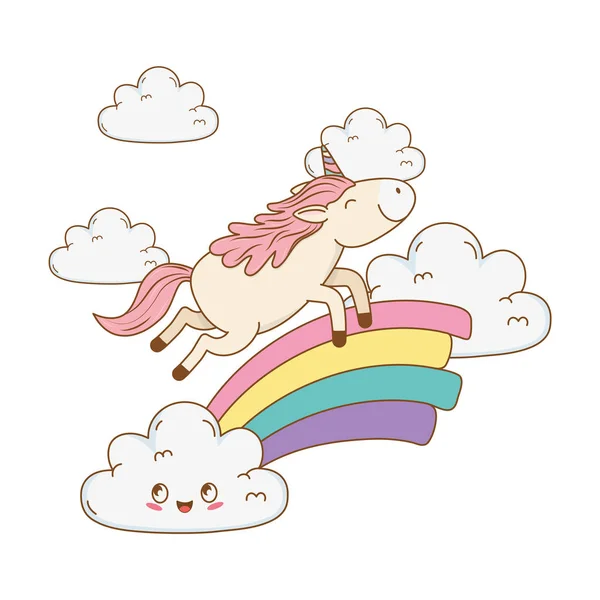 Mignon conte de fées licorne dans les nuages avec arc-en-ciel — Image vectorielle