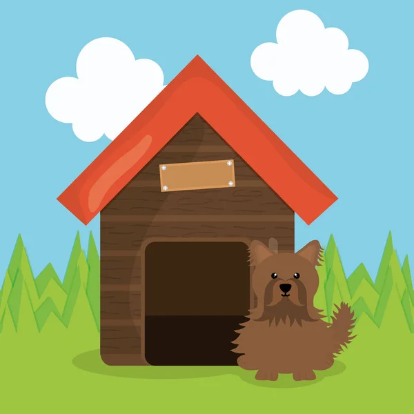 Schattige kleine hond in houten huis huisdier karakter — Stockvector
