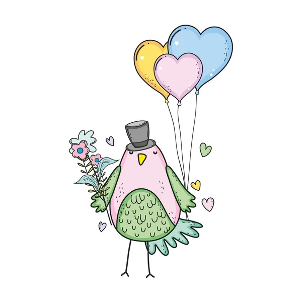 Lindo pajarito con globos helio carácter encantador — Vector de stock