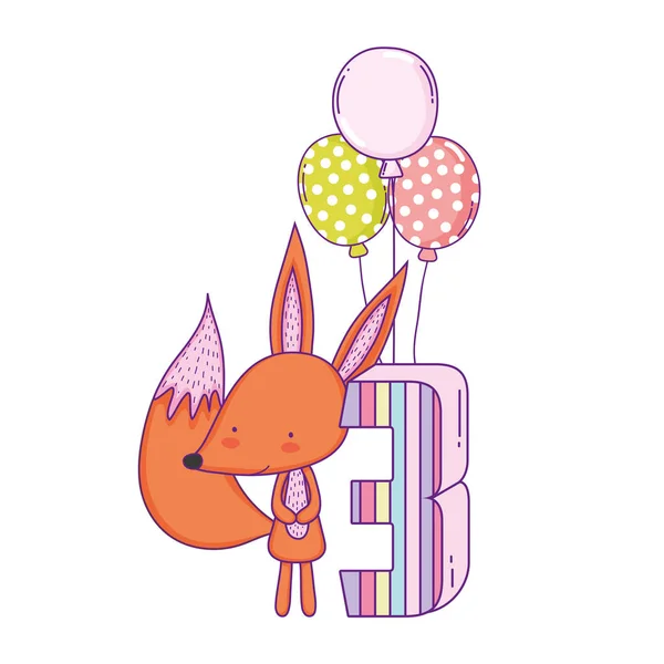Lindo y pequeño zorro con globos helio — Vector de stock