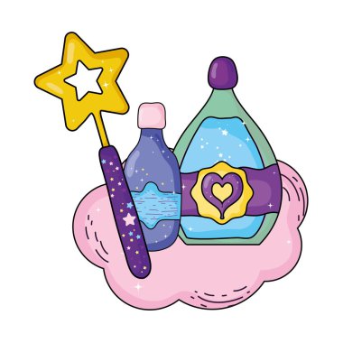 değnek ile sihirli iksir şişeleri