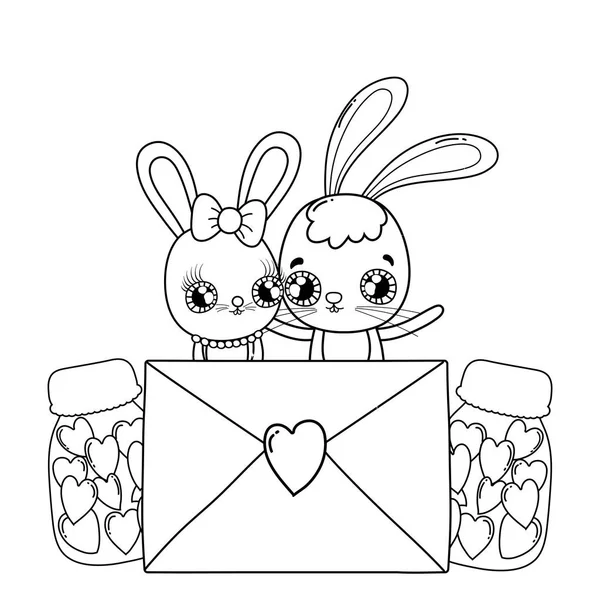 Mignon couple de lapins avec enveloppe Saint Valentin — Image vectorielle
