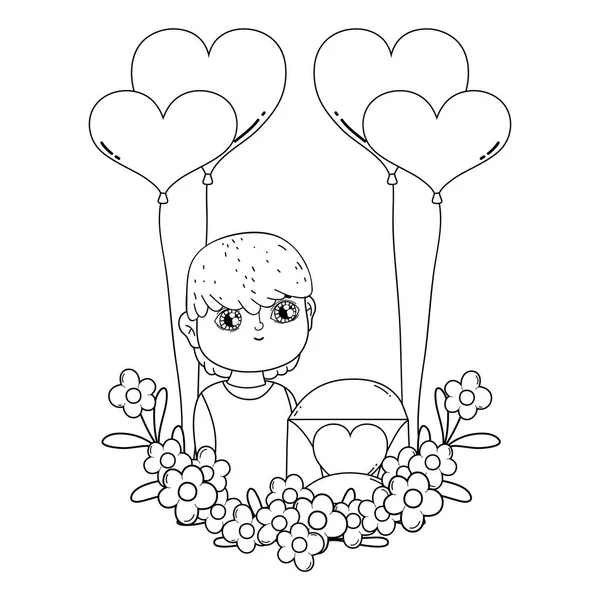 Молодой милый влюбленный мальчик с воздушными шарами гелия — стоковый вектор