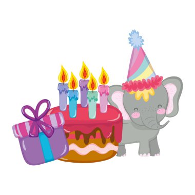 parti şapka ve pasta ile sevimli ve küçük fil