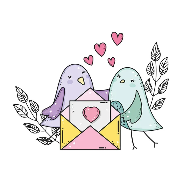 Bonito passarinhos casal com envelope adorável personagens —  Vetores de Stock