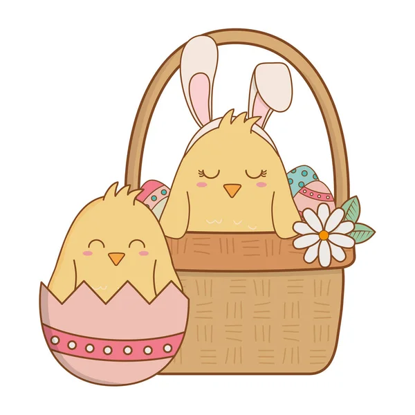 Pollitos en cesta personajes de Pascua — Vector de stock