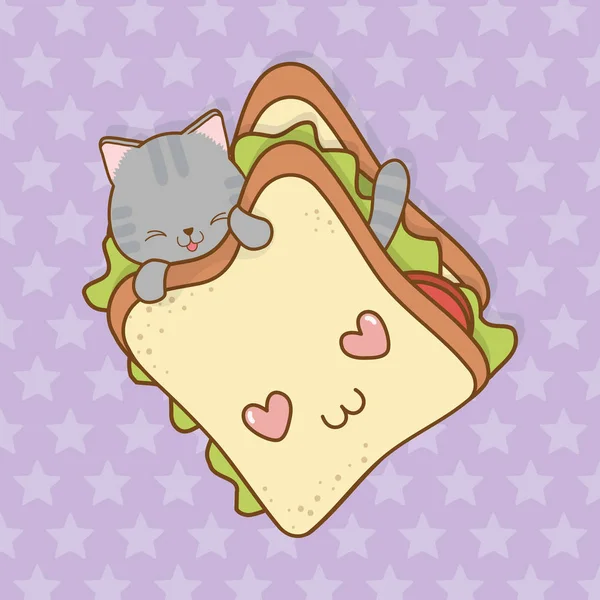 Niedliche kleine Katze mit Sandwich-Kawaii-Charakter — Stockvektor