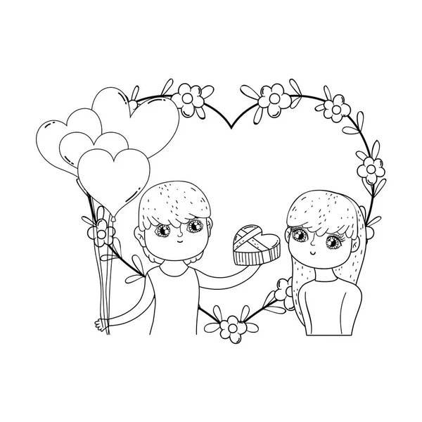 Young lovers couple with balloons helium — Stock Vector