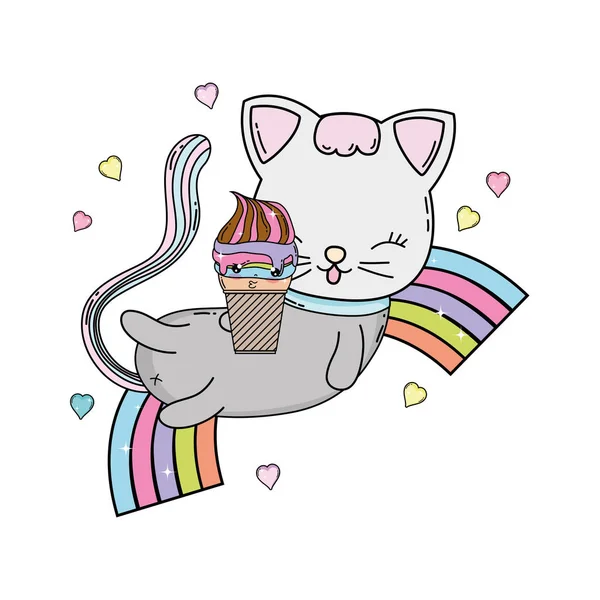 Niedliche Katze mit Eis in Regenbogen — Stockvektor