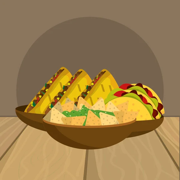 Delicious mexican food cartoon on restaurant table — Stock Vector