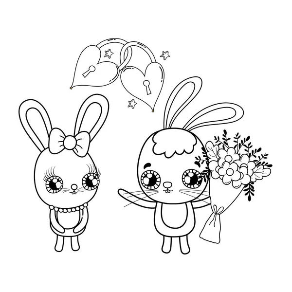 Słodkie króliki para z kwiatów Walentynki — Wektor stockowy