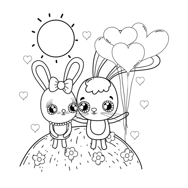 Słodkie króliki para z balonami helu Walentynki — Wektor stockowy