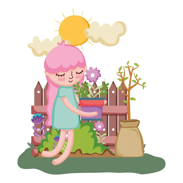 Niña levantando planta de interior con valla en el jardín — Vector de stock