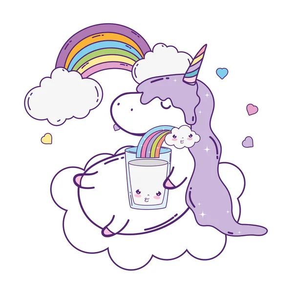 Schattige Eenhoorn met wolken en Rainbow kawaii — Stockvector