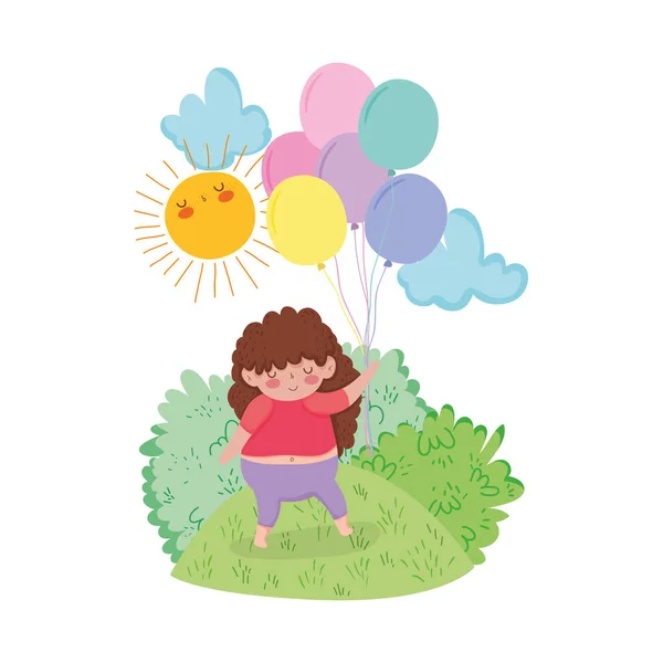 Menina gordinha com balões de ar na paisagem —  Vetores de Stock