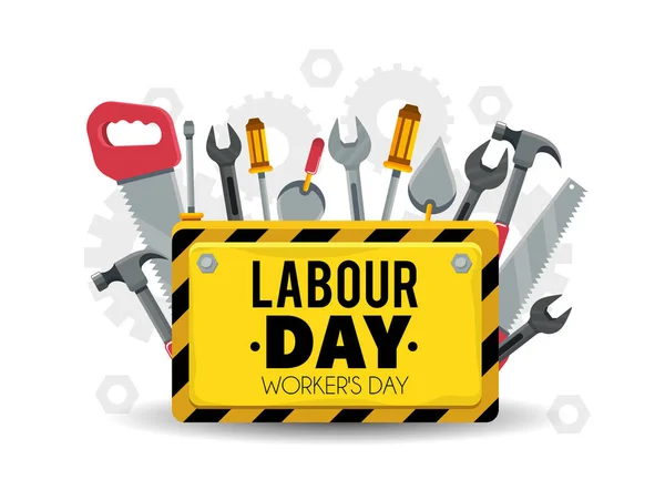 Emblema com ferramentas de construção para celebrar o dia do trabalho — Vetor de Stock