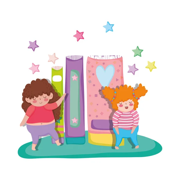 Lilla knubbiga flickor med högen böcker — Stock vektor