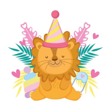 parti şapka ve bahçe ile sevimli ve küçük aslan