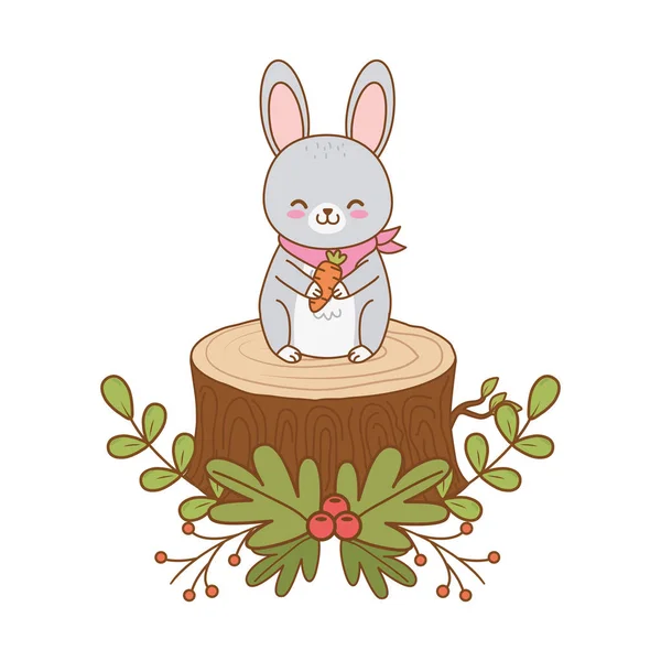 Cute rabbit in trunk woodland character — Stock Vector