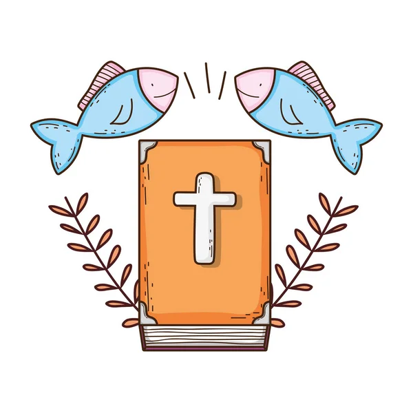 Livre de bible sainte avec des poissons — Image vectorielle